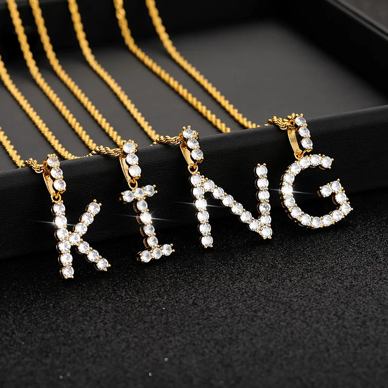 

Collares A-Z Letter Single Zircon Tennis Letters Necklaces & Pendant Charm For Men/Women Hip Hop Jewelry with Rope Gold Chain