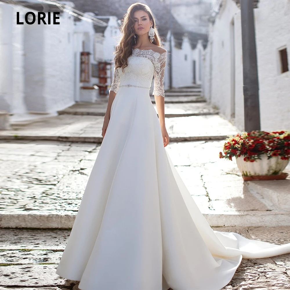 

LORIE Off the Shoulder Satin Bridal Gowns Half Sleeve Lace Back illusion Beach Boho Wedding Dresses Princess Party Gown New 2020