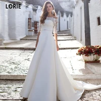 lorie off the shoulder satin bridal gowns half sleeve lace back illusion beach boho wedding dresses princess party gown new 2020