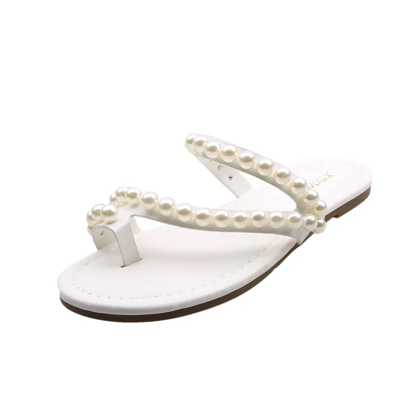 

2021 summer Korean version of the new set toe flat slippers pearl soft bottom female drag fairy style flip flops