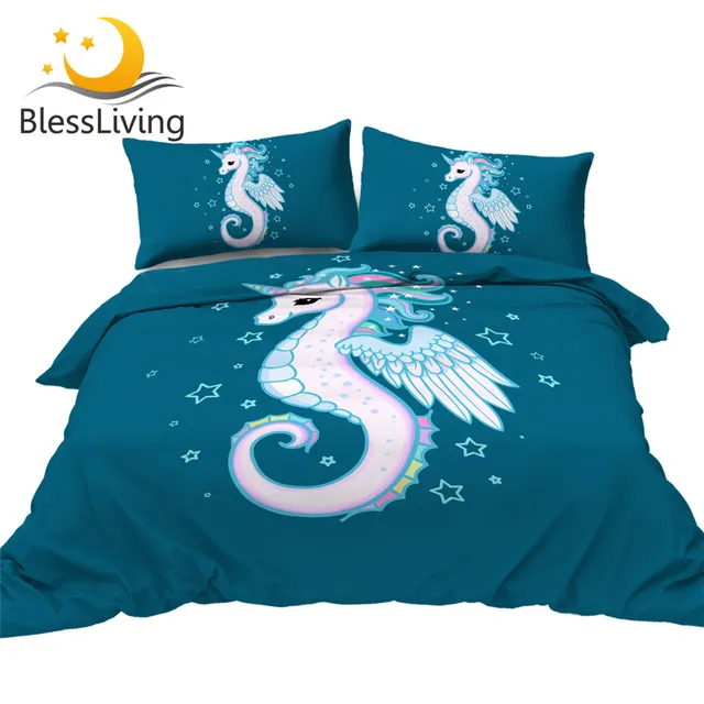 BlessLiving Cartoon Bedding Set Rainbow Seahorse Unicorn Duvet Cover Marine Life Bedspread Ocean Watercolor Home Textiles 3pcs 1