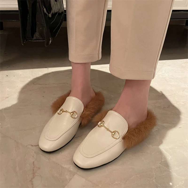 

muller shoes mules women's 2021 spring autumn fluffy slippers women lazy furry loafer shoes fur slides Designer mules femme luxe