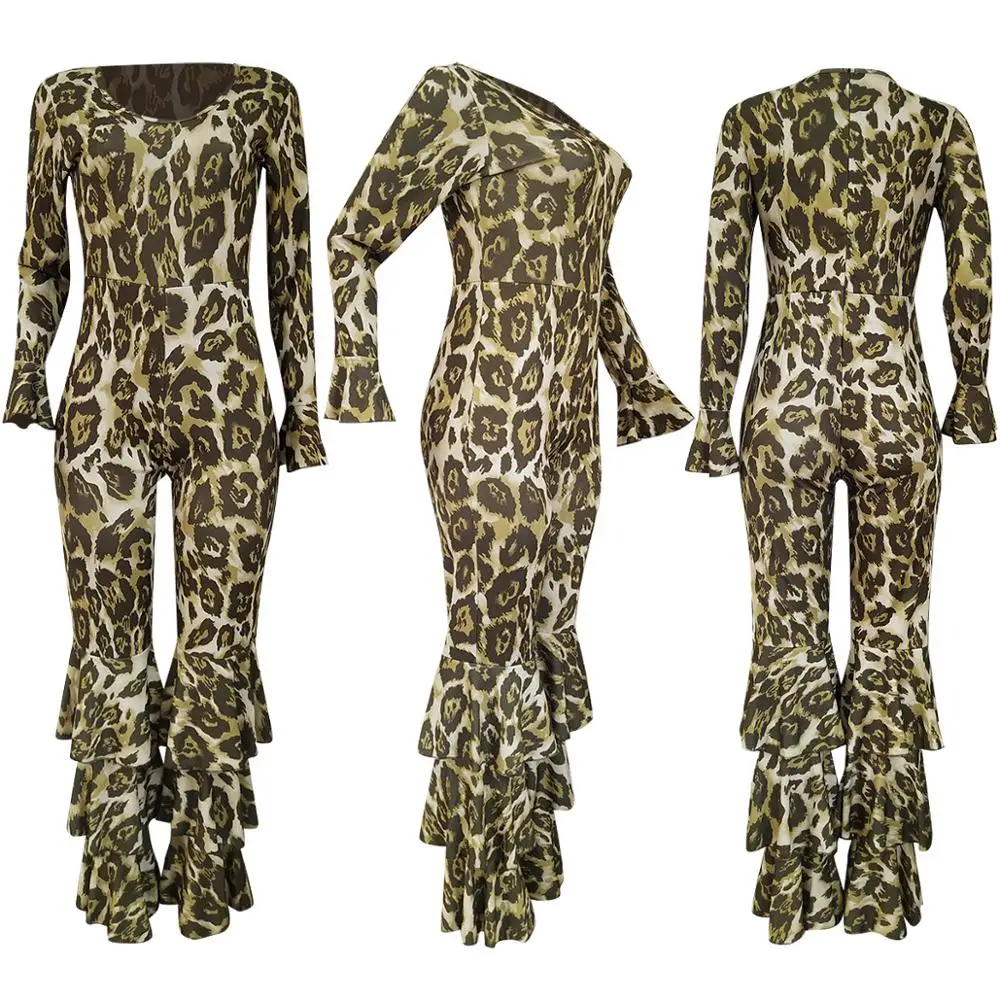 

Ruffles Casual Fashion Leopard Print Jumpsuits Autumn Long Sleeve O Neck Romper Streetwear Women Elegant Ruffed Overalls Plus