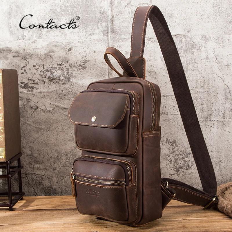 

Винтажные кожаные мужские сумочки contact, многофункциональная сумка через плечо для мужчин из кожи Крейзи Хорс, мужской нагрудной портфель на...
