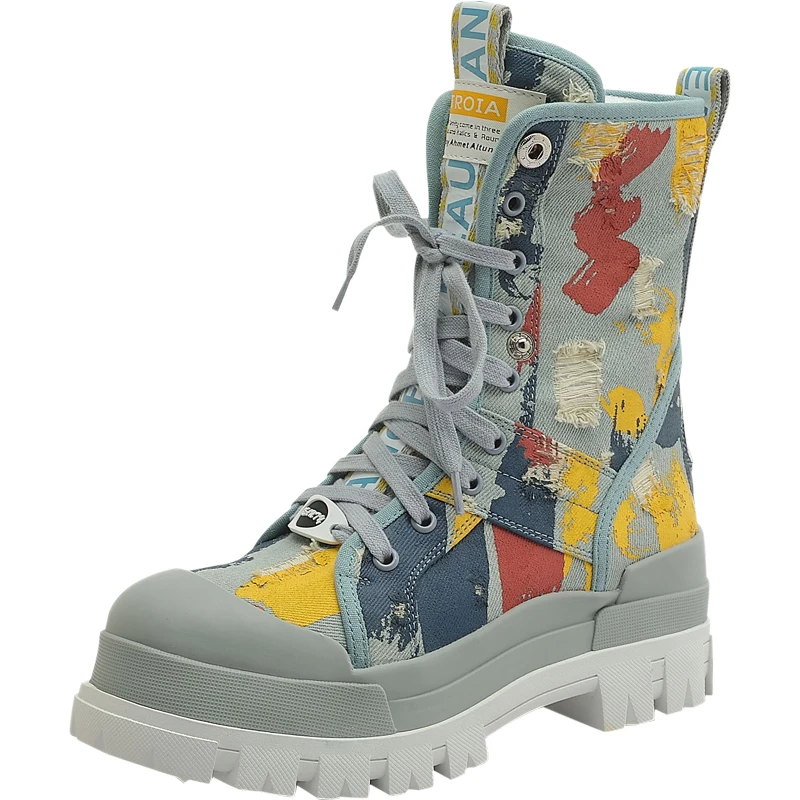 

Autumn Winter New Short Tube Thick-soled Old Canvas Color Graffiti High-top Fashion Boots Women Thick-soled Lace-up Ankle Boots