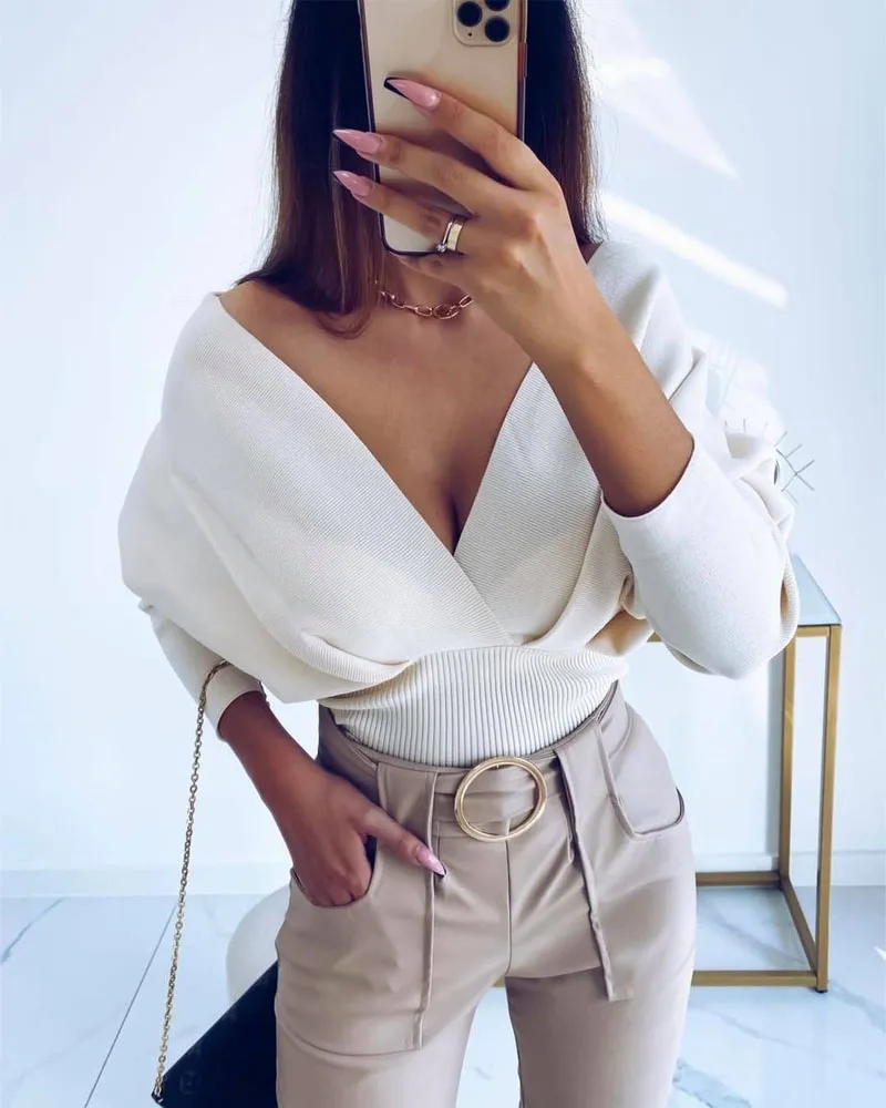 

2021 spring and autumn new fashion urban leisure cross sexy wool top