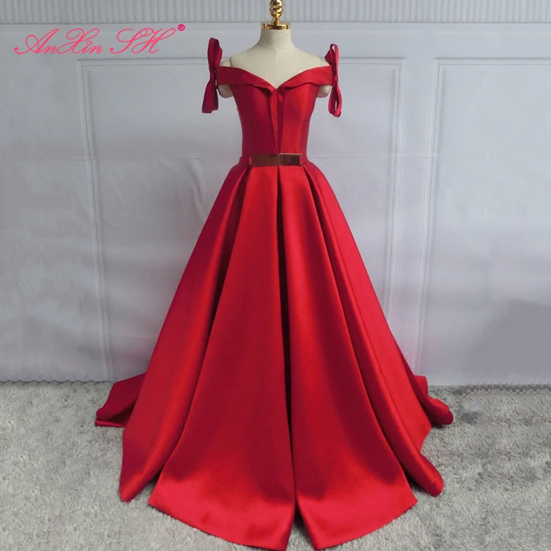 AnXin SH принцессы красное сатиновое платье с большим бантом вечернее вечерние в