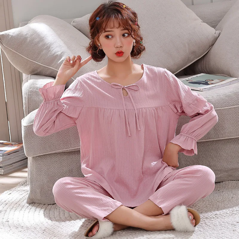 Long Sleeve Pajamas Autumn Trousers Suit Fashion Pyjama Set Large Size Nightwear Home Service House Nightdress Costume Outfit