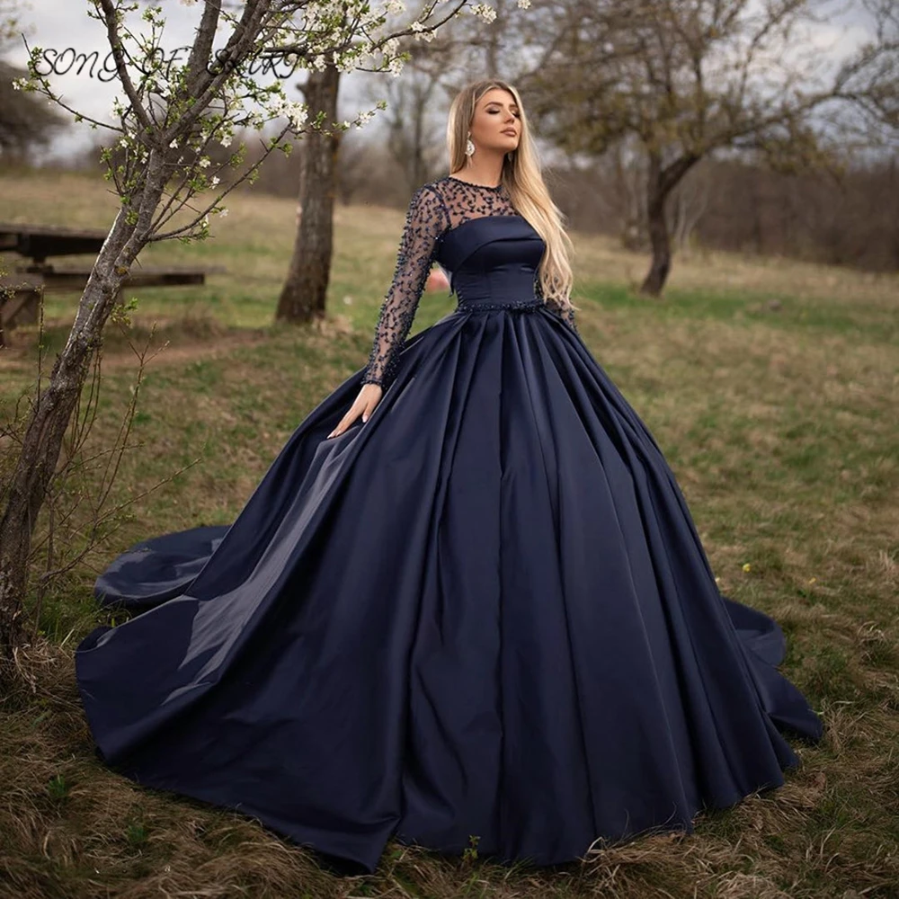 Женское бальное платье с длинным рукавом темно-синее для вечеринки 15 лет |