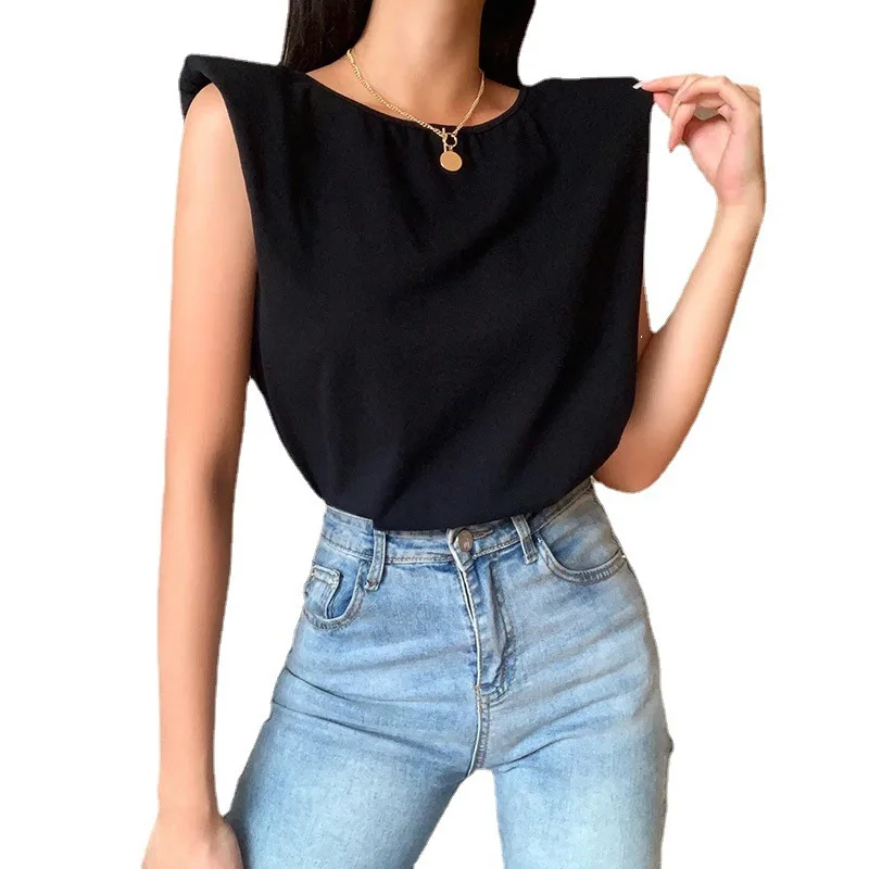 

2021 Padded Shoulder Chain Backless T-shirt Female Spring and Summer Leisure Comfortable Elegant Fashion Loose Outer Tops