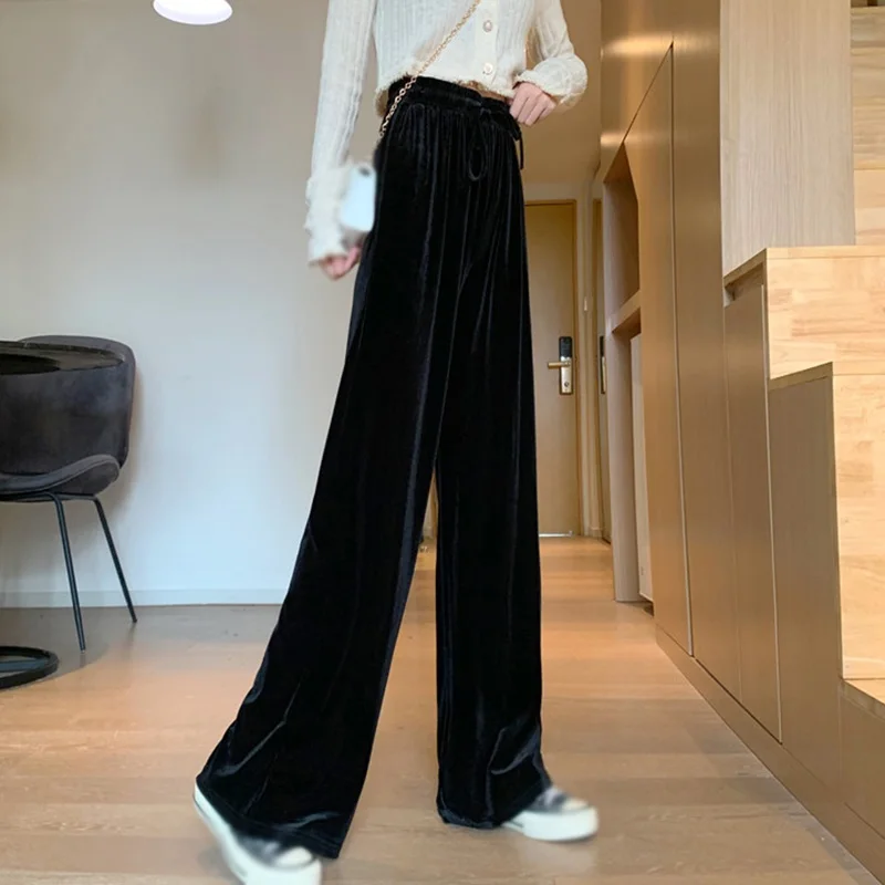 

Velvet Elastic Waist Wide Leg Pants Women Casual High Waist Loose Long Pant Femme Korean Style Large Size S-4XL Trousers
