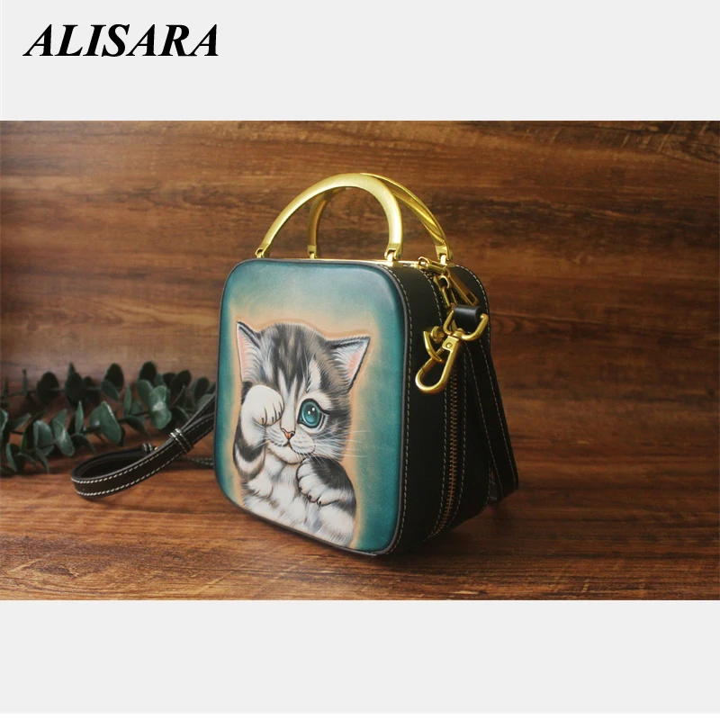 

Милая сумка с рисунком кошки, кожаная сумка ручной работы с резьбой, маленькая квадратная сумка для женщин, коробочка-мессенджер