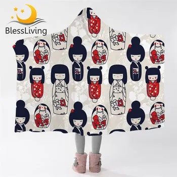 Blessliving Japanese Dolls Hooded Blanket for Adult Kokeshi Microfiber Sherpa Blanket Sakura Flower Wearable Blanket Mantas 1