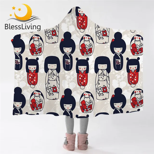 Blessliving Japanese Dolls Hooded Blanket for Adult Kokeshi Microfiber Sherpa Blanket Sakura Flower Wearable Blanket Mantas 1