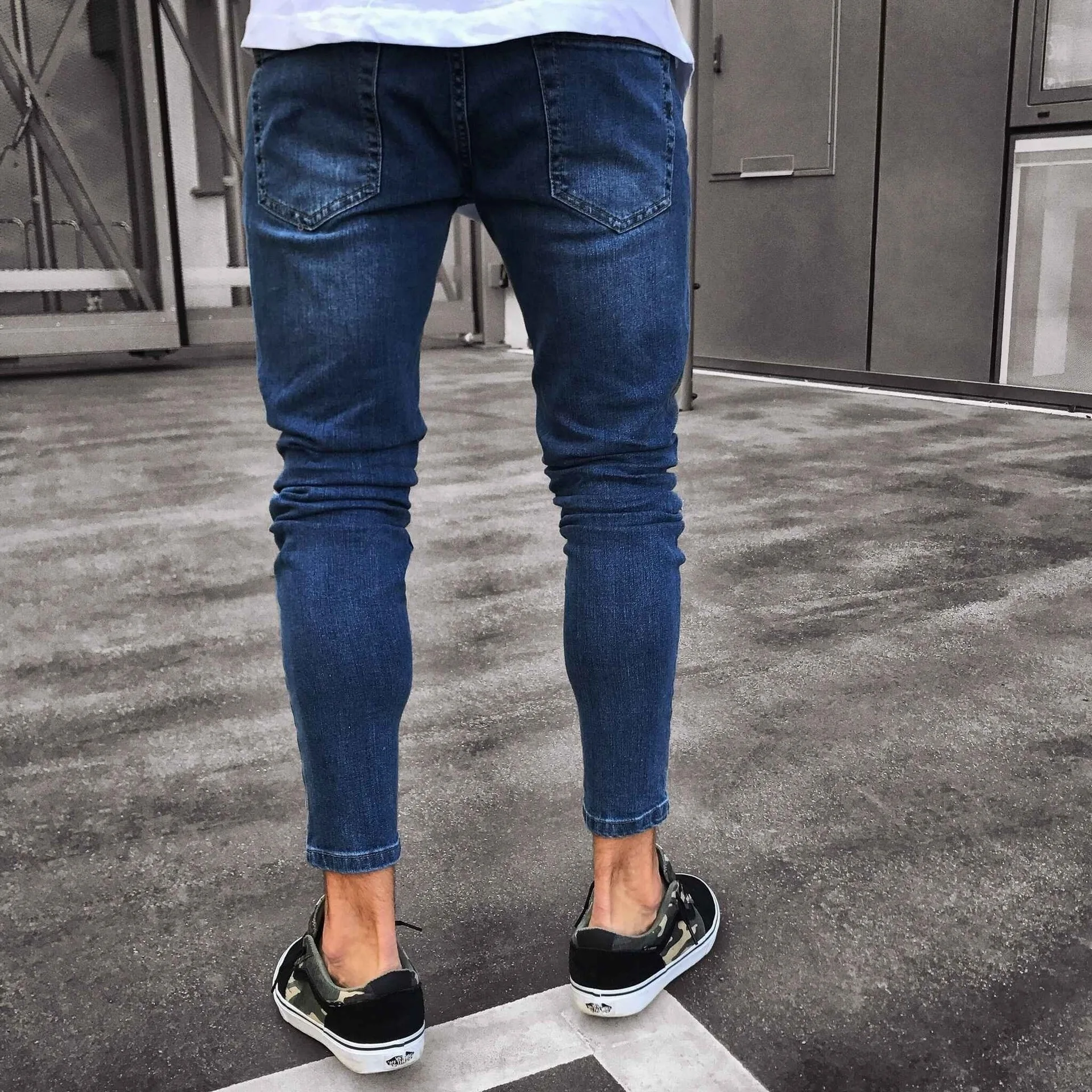 

Men's Slim Tear Jeans Dark Blue Openwork Stretch Jeans Men's Elastic Waist Distressed Jeans Casual Sports Fitness Pants 3XL