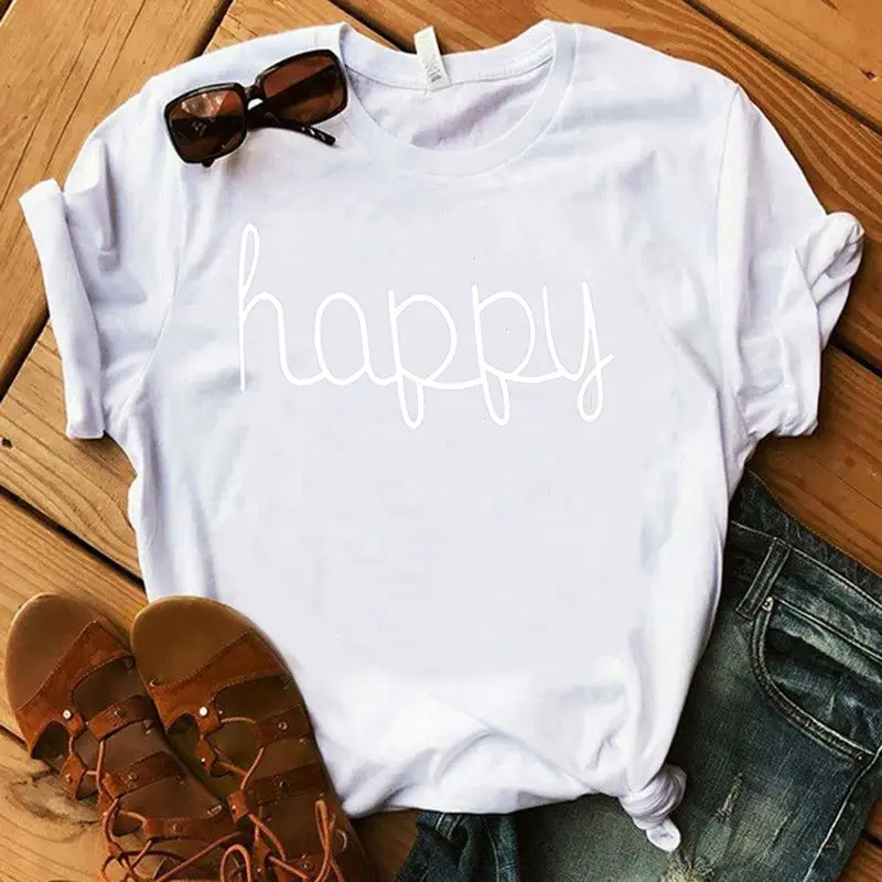 

Happy Letter T-shirts With Short Sleeve Harajuku New Kawaii T Shirt Women Fashion Style Ullzang T-shirt Girl 90s Graphic Tshirt