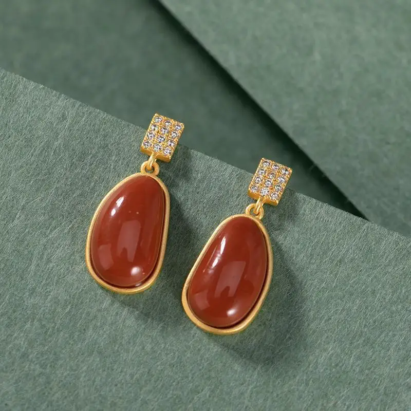 

New ancient gold craftsmanship inlaid zircon southern red tourmaline earrings exquisite and elegant ladies silver jewelry