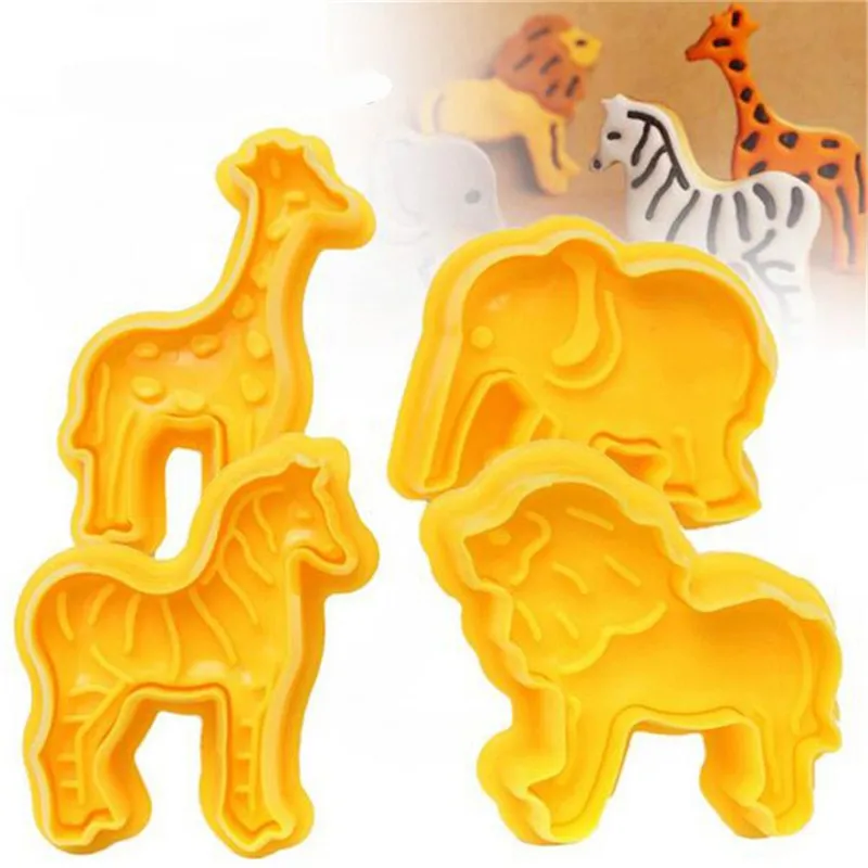 

4Pcs Zoo Animal Shape Lion Giraffe Zebra Elephant Cookie Biscuit Plunger Cutters Mold Cake Decorating Baking Tools Sugarcraft