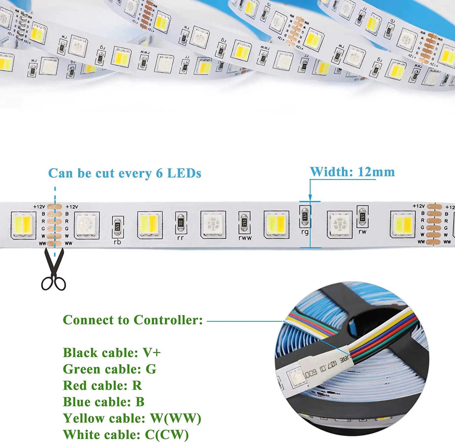 

DC12V 24V 5M 60LEDs/m RGB+CCT 5IN1 LED Strip Light RGB+White+Warm White 5050 SMD Dual White Temperature Adjustable 12MM 6pin PCB