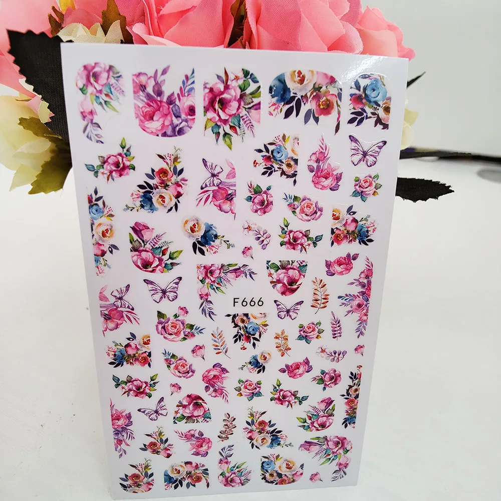 

Beautiful Pink Flowers Butterfly 3D Stickers For Nails Summer Nail Art Decorations Adhesive Decals Foil Manicure Accessories