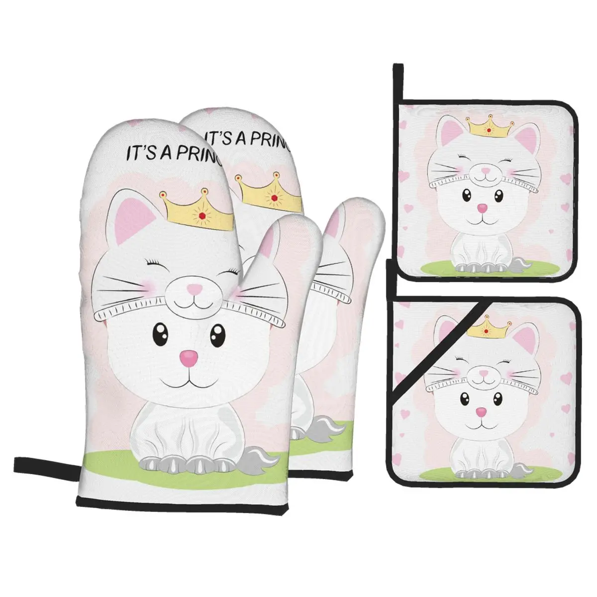 

4 Pieces Oven Gloves Mitts Cute Princess Cat Kitchen Gloves Tray Dish Bowl Holder Baking Insulation Hand Clip