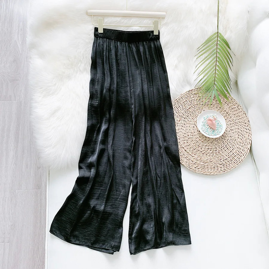 

Ultra Thin Light Wide Leg Pants Women Summer Cool Pants Pleated Loose Casual Silky Hot Korean Pants Girls Trousers Women Vintage