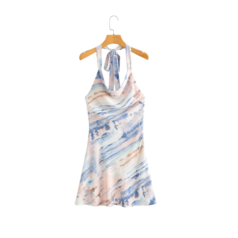 

2021 New Summer Women's Fashion All-Match Slimming Oil Painting Splash Ink Printing Halter Strap Dress Dress Skirt
