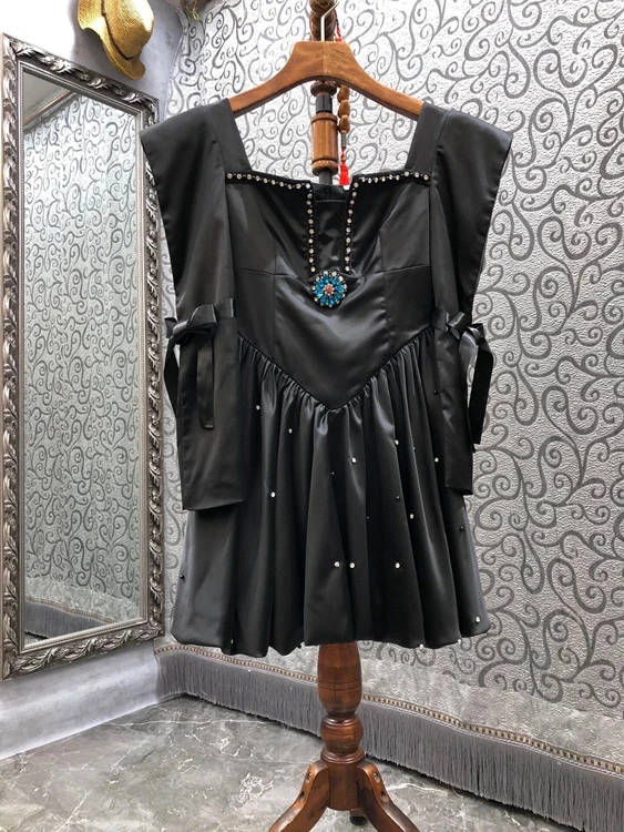 

2021 new women Fashion Sleeveless Square Neck Slim Pearl Side Slim Dress 1208