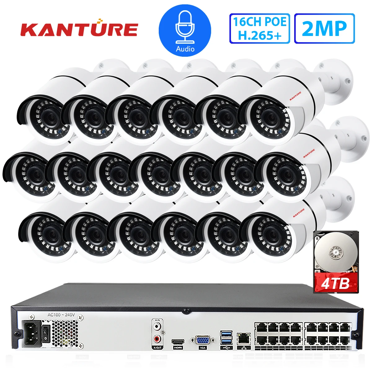 KANTURE 16CH H.265+ 4K 5MP POE NVR комплект 16 шт. аудио 1080P IP66 Антивандальная безопасность уличная IP камера система видеонаблюдения