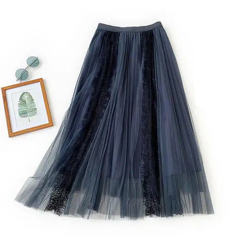 dark blue Женская плиссированная юбка TIGENA, длинная юбка из тюля и kружева с высокой талией в корейском стиле - Цвет: dark blue