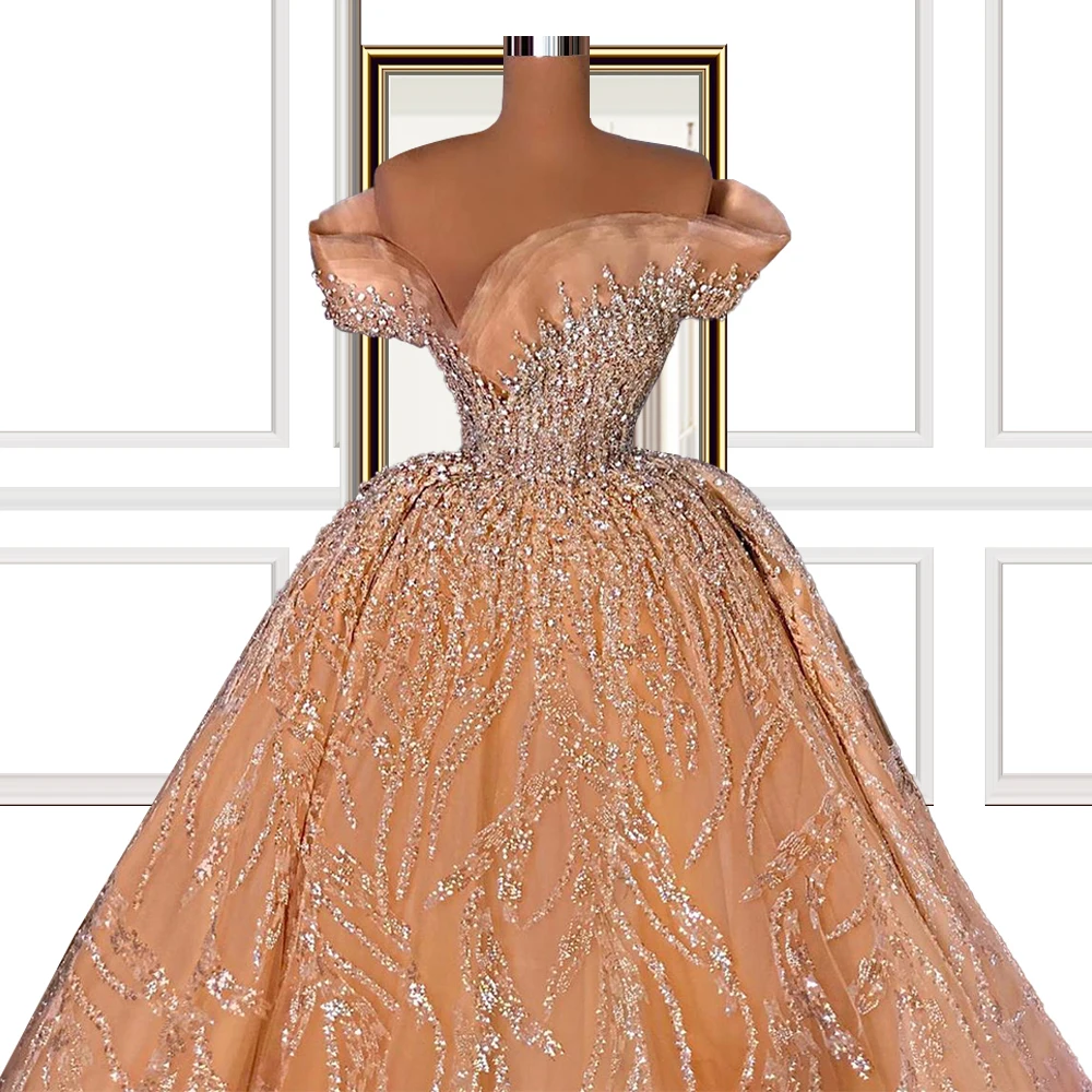 

Stunning 2021 New long train Dubai Orange Wedding Dresses Islamic Turkish Off Shoulder Bridal Dress