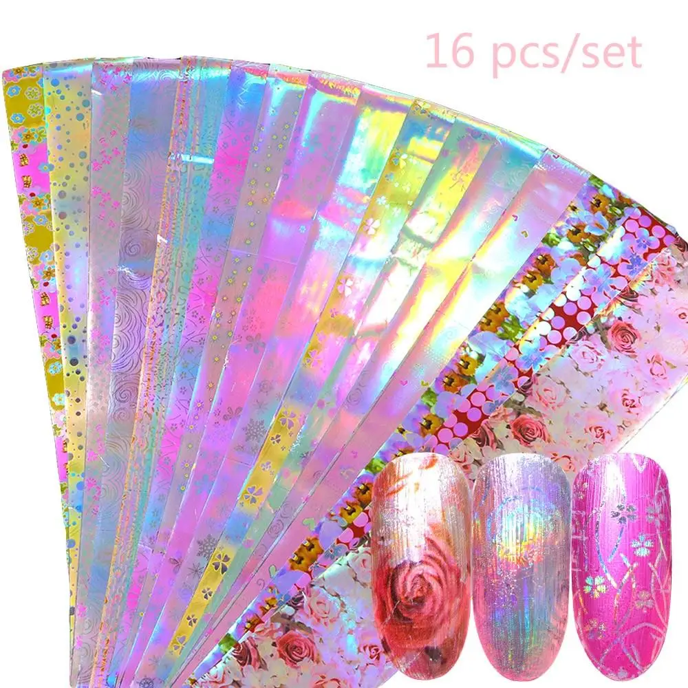 

16pcs/Set Holographic Nail Foil Set Mix Flower Design Transfer Decals Slider Stickers Nail Art Decor