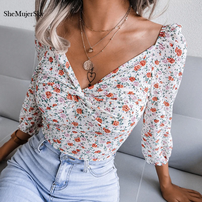 

SheMujerSky Women Ruched V-neck Blouses Flower Print Elastic Backless Ladies Shirts 2021 blusas