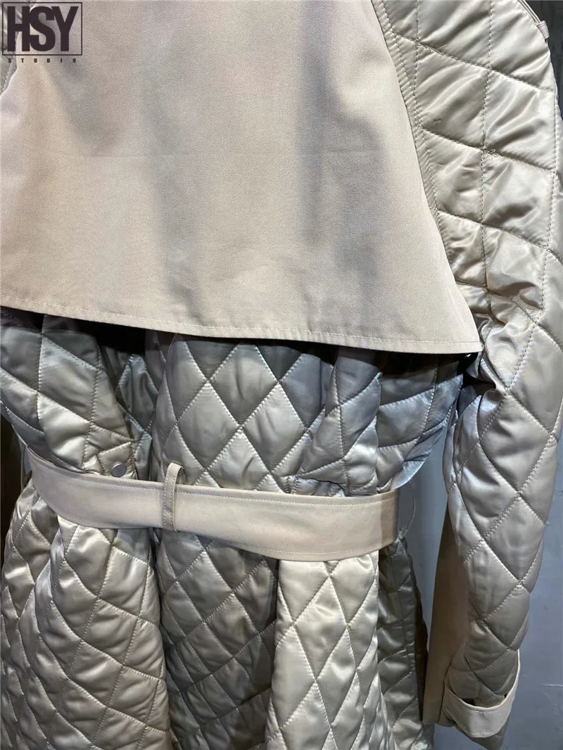 【HSY】2019 Осень Зима Новая Женская Хаки стеганая куртка с поясом клетчатая