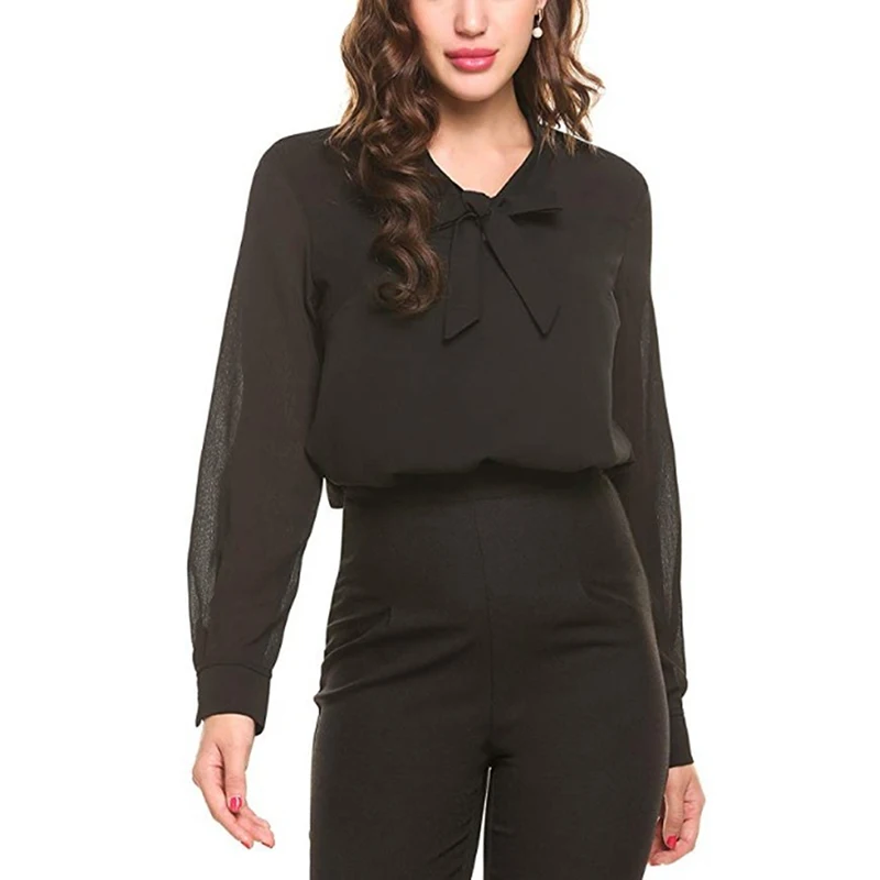 

New Women'S Long-Sleeved Chiffon Shirt Ladies Elegant V-Neck Shirt For Women Fashion Bow Decoration Top