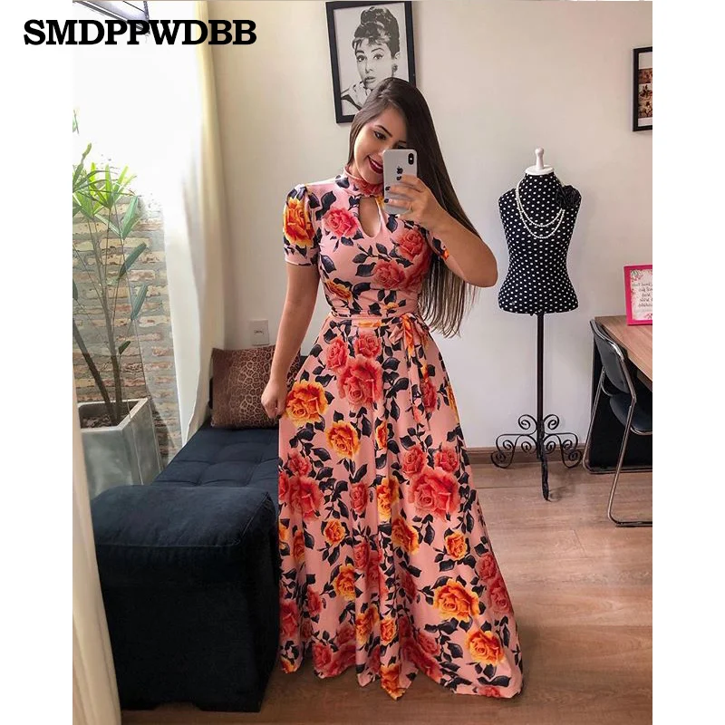 Женское летнее платье 2019 повседневное короткий рукав длинное бохо цветочный