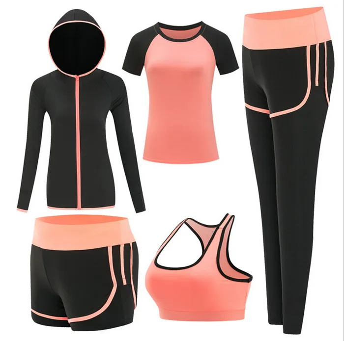 

Hot sale women quick dry 5 piece set yoga jacket+t shirt+bra+shorts+pants fitness gym clothing womens sports running suit sets