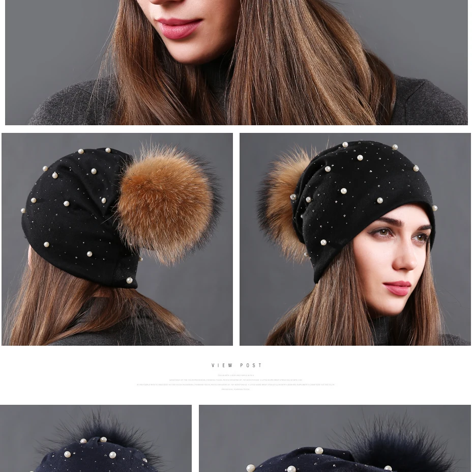 New Women's Pearls Beanies Winter Causal Solid Rhinestone Pearl Slouchy Beanies Hat with Raccoon Fur Pompom Femme Black Cap