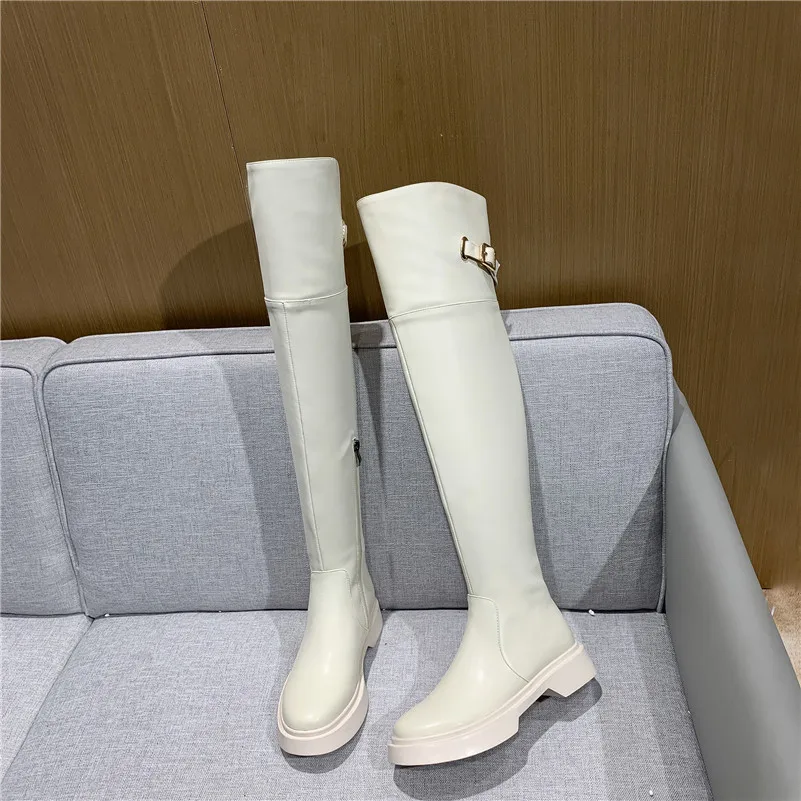 

Meotina Real Leather Over The Knee Boots Women Platform Med Heel Shoes Buckle Square Heel Long Boots Zip Female Thigh High Boots