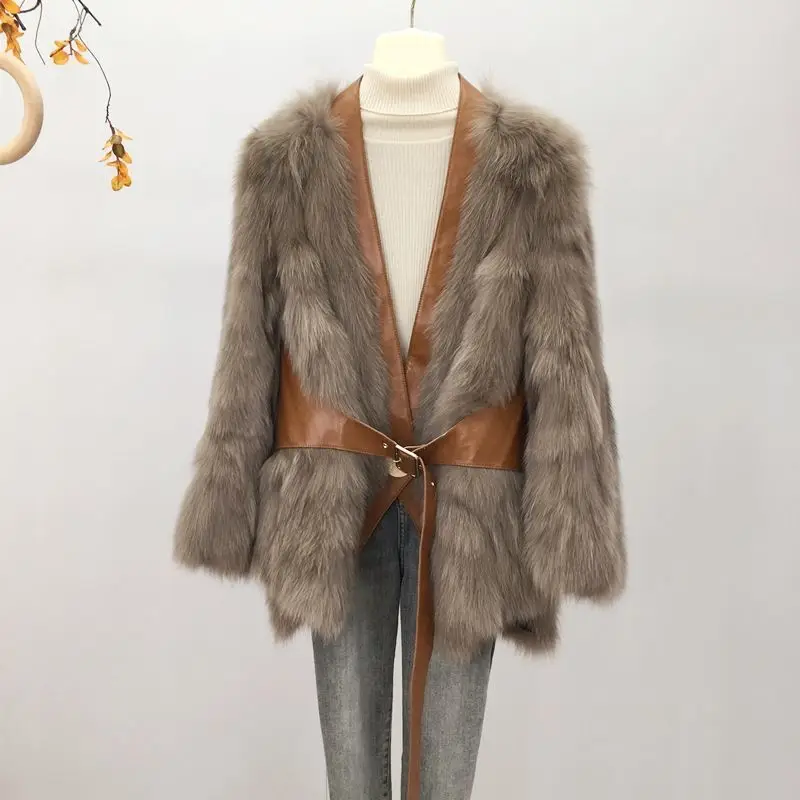 

Winter Women Fashion Faux Fur Coat Female V-neck Vingage Slim Jacket Ladies Warm Long Sleeve Plus Size Belt Fox Fur Mujer