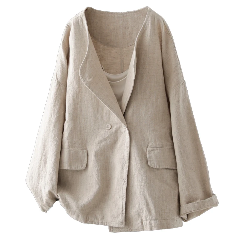 Женское двубортное пальто Johnature однотонное винтажное с круглым вырезом