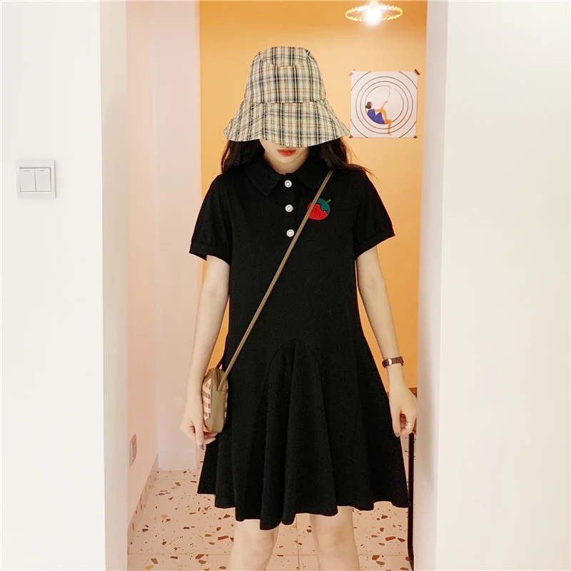 

Korean Style Summer Black T-Shirt Dress Women Short Sleeve Turn Down Collar Knee Length Cotton Casual Cozy Dresses Plus Size New