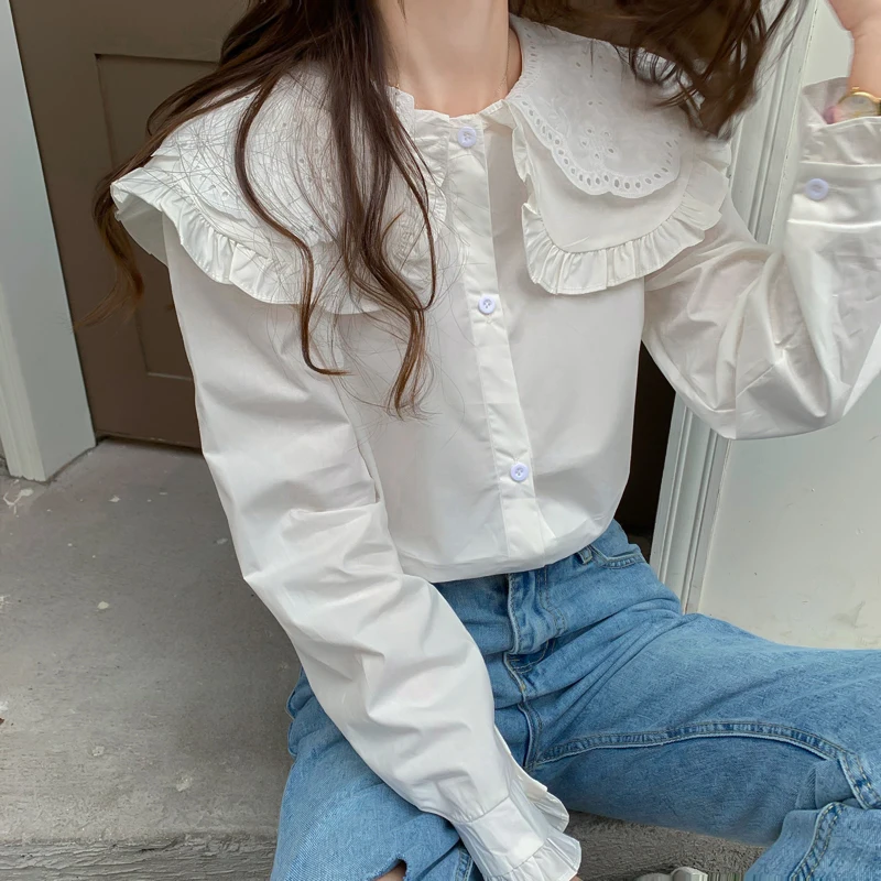 

Harajpoo Women Shirts Autumn New Sweet Fairy Design Sense Hollow Crochet Doll Collar Ruffled Long Sleeve Female Summer Blusas