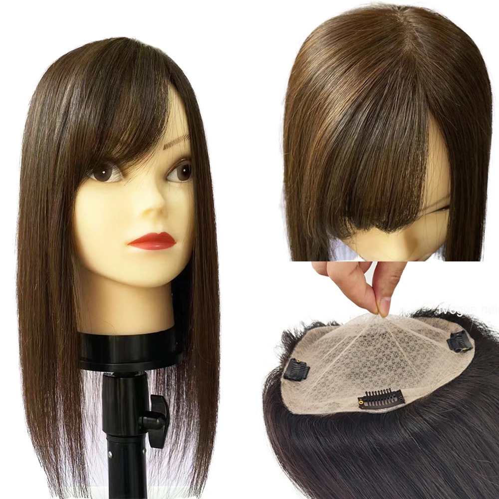 Brown Human Hair Topper with Side Bangs for Women Overlays Skin Base Toupee 5X5inch Scalp Top 4D Fringe Clip In Hairpieces
