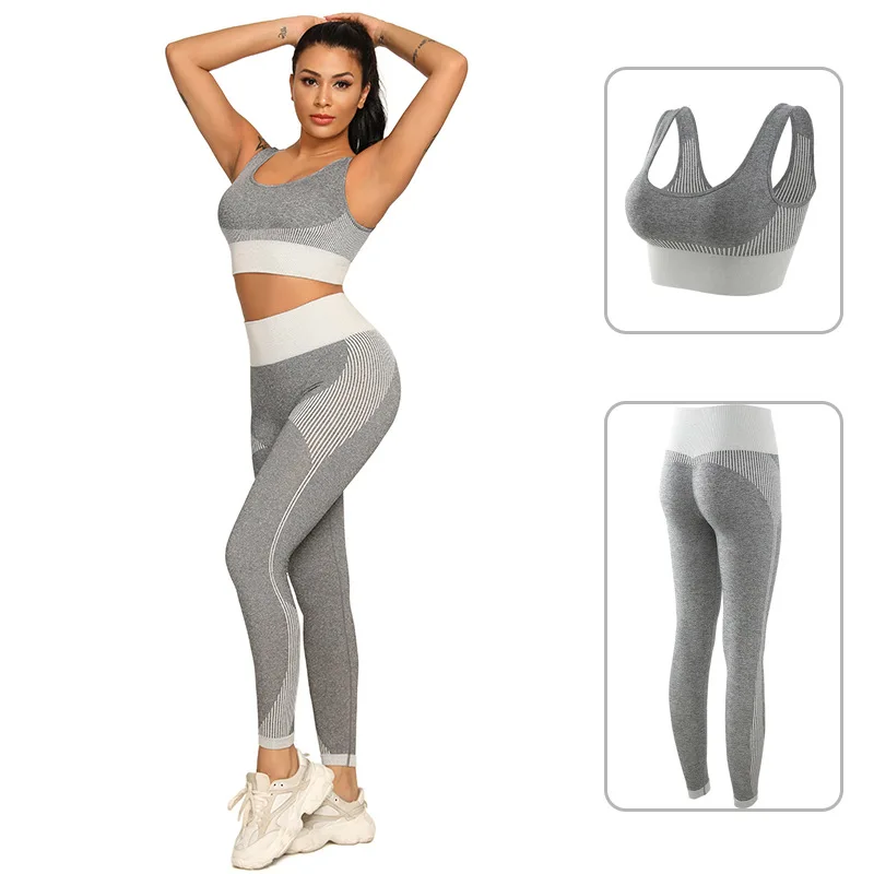 

New Arrival Women Seamless Yoga Set Two Pieces High Elastic Padded Sleeveless Crop Top Stretchy High Waist Pants Fitness Twinset