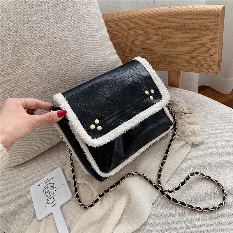 

Women Plush Wool Bag Fall And Winter Ins Chain One Shoulder Slant Small Square Bag Crossbody Bags Handbags