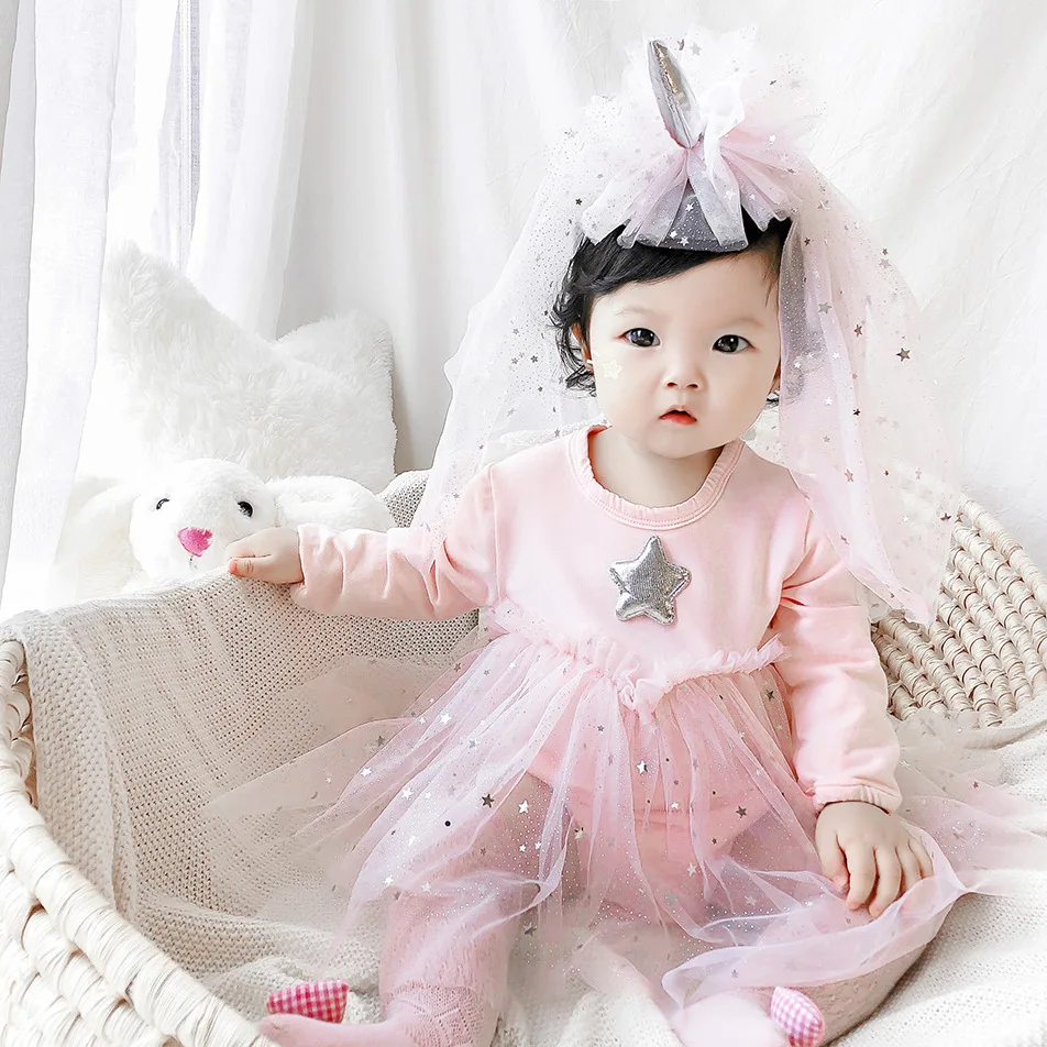 

Newborn Baby Girls Clothes Fall Infant Jumpsuits Star Mesh Splicing Dress Romper+Hair Accessories 2PCS Sets Party Bodysuit Props