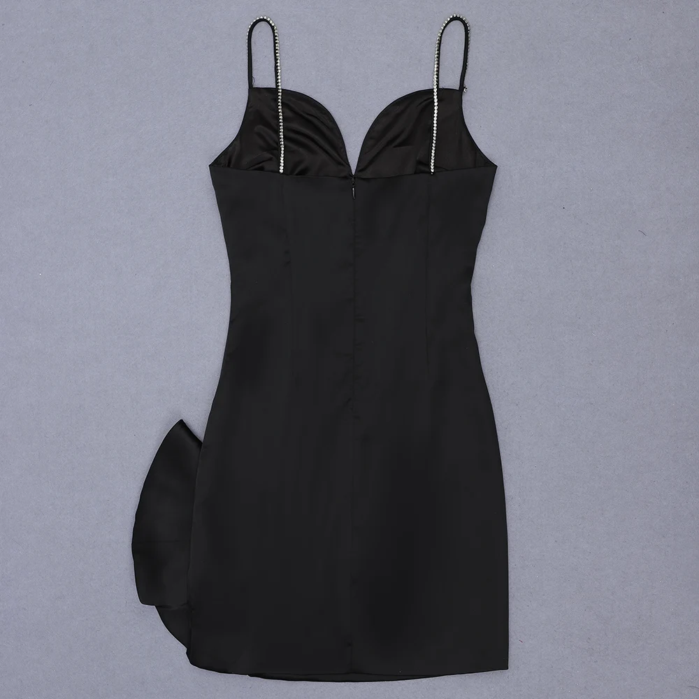 

New Spring Style Sexy V Neck Sparkly Diamond Black Party Dress 2021 Ladies Elegant Bow Evening Club Party Dress Vestido