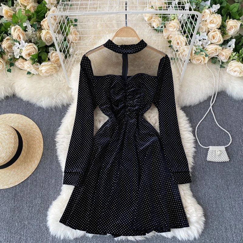 Женское бархатное платье в горошек черное с прозрачной сеткой стиле ретро весна