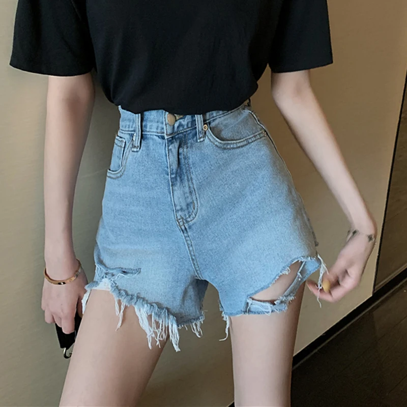 

Zoki Women Denim High Waist Blue Sexy Jeans Slimming Summer Looses Ripped Shorts Jeans New